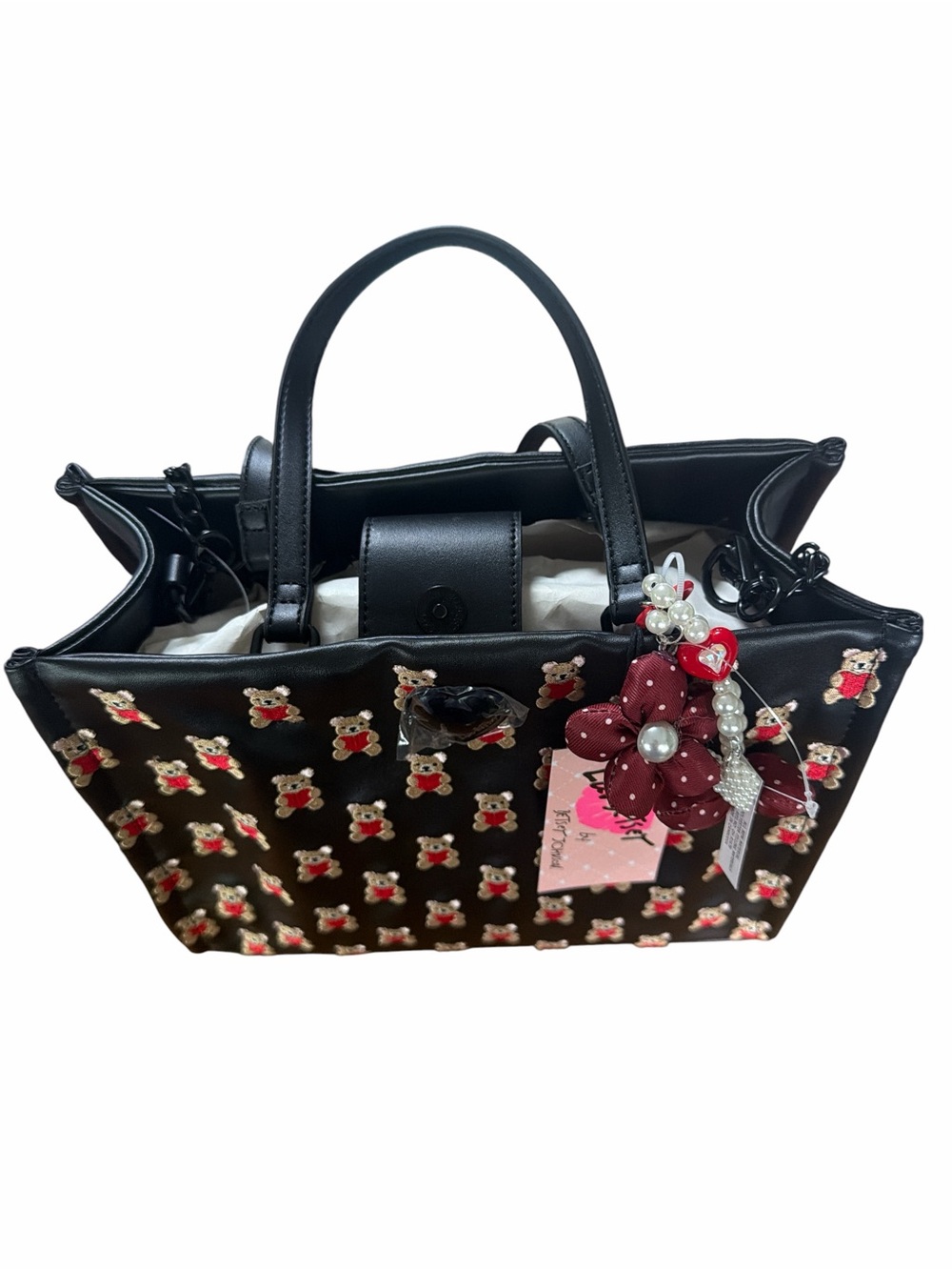 Luv Betsey Johnson Embroidered Teddy Bear Hearts Satchel Crossbody Bag Black Red - Picture 7 of 10
